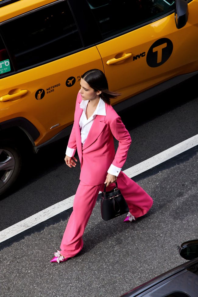A woman in a pink suit crossing the street