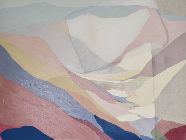 A painting of a mountain range with a sky background