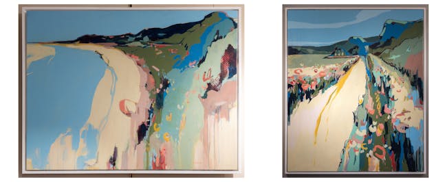 Two paintings of people walking down a road