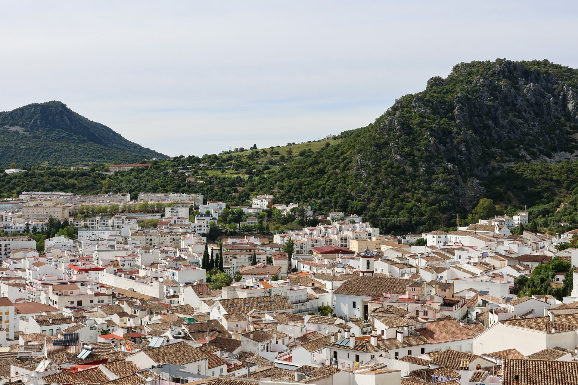 A view of a city with mountains in the background