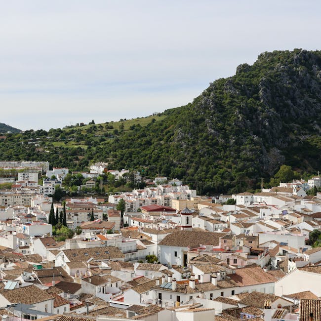 A view of a city with mountains in the background