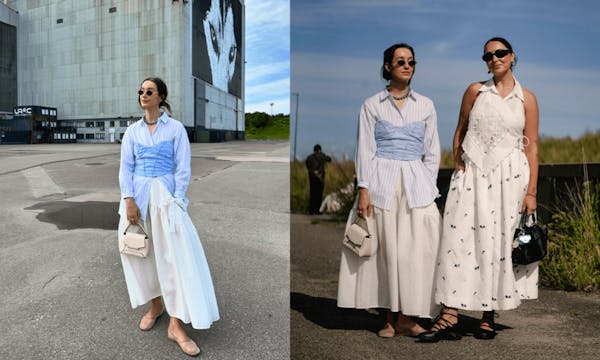 Two pictures of a woman in white and a woman in a blue and white dress
