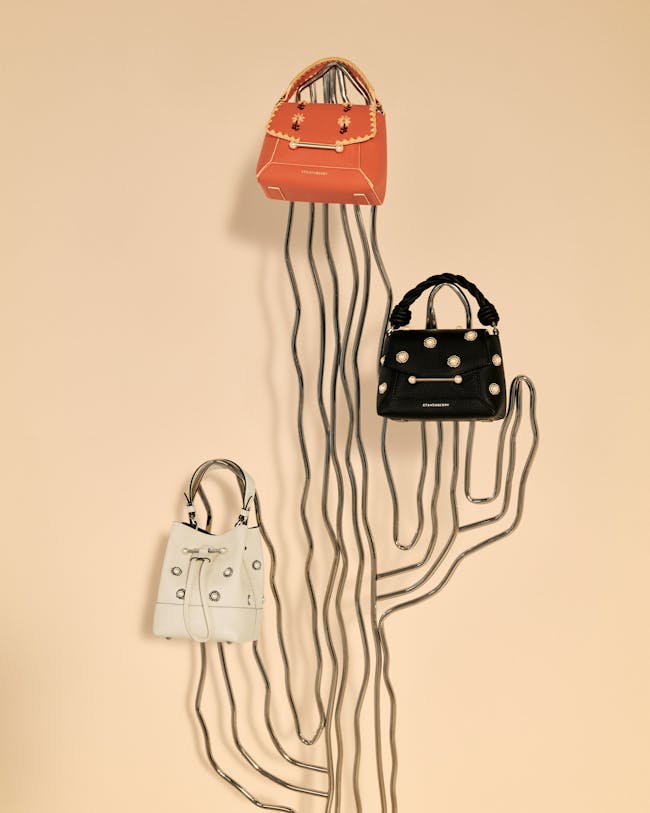 A couple of purses hanging on a wall
