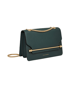 A black handbag with a gold chain strap