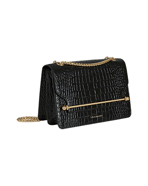 A black handbag with a gold chain strap