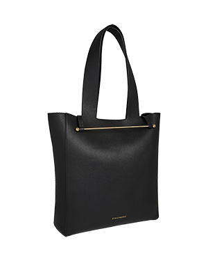 A black leather tote bag with gold handles