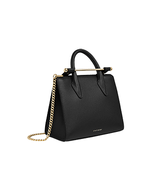 A black handbag with a gold chain