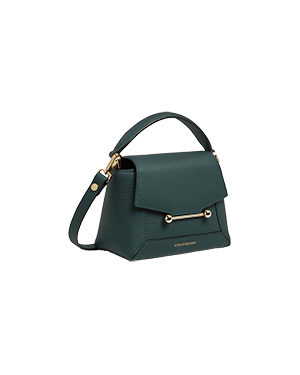 A blue handbag with a gold handle