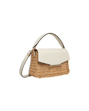 A straw bag with a white leather handle