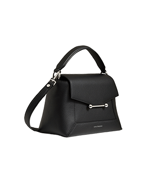 A black handbag with a metal handle