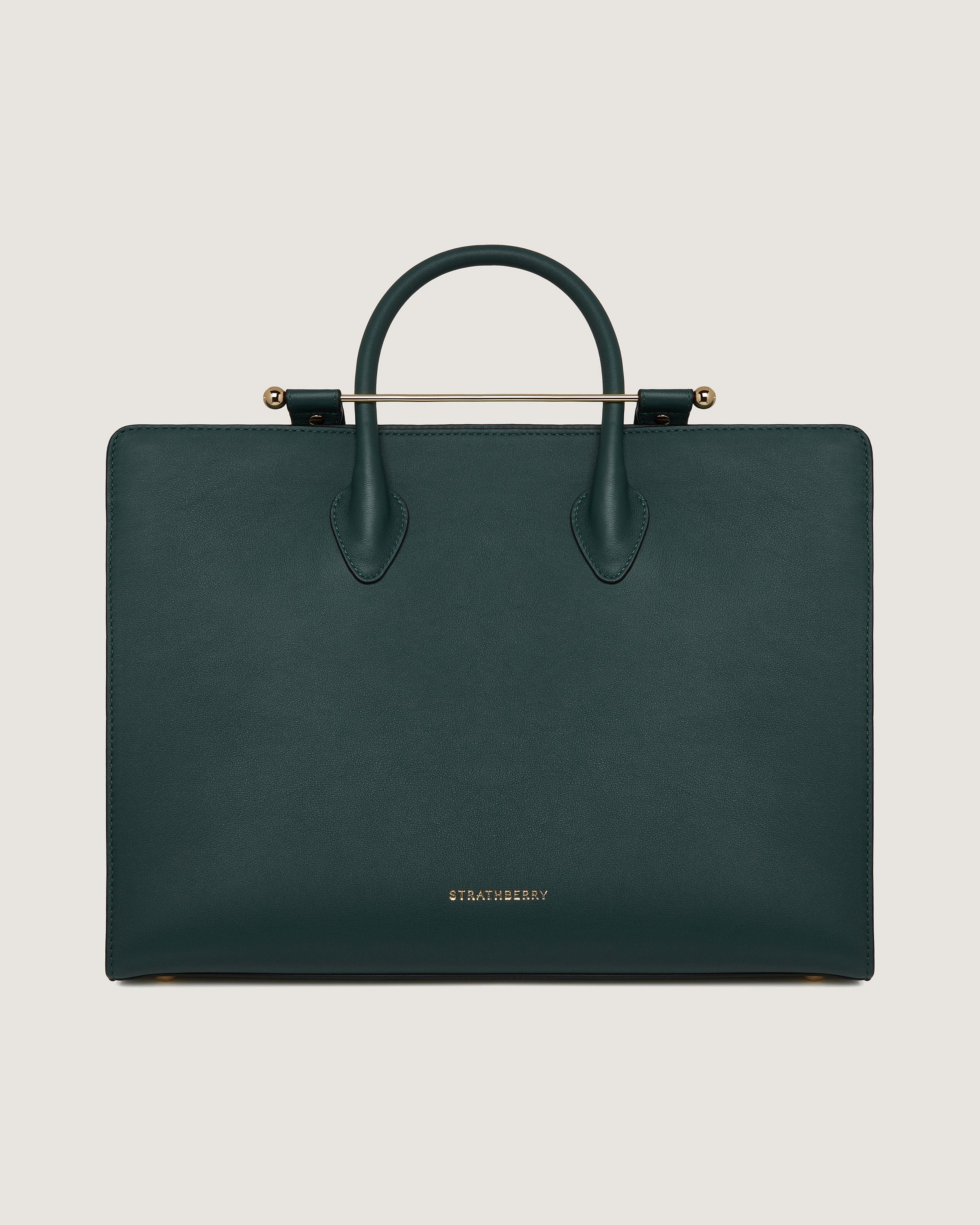 A green leather briefcase with a metal handle