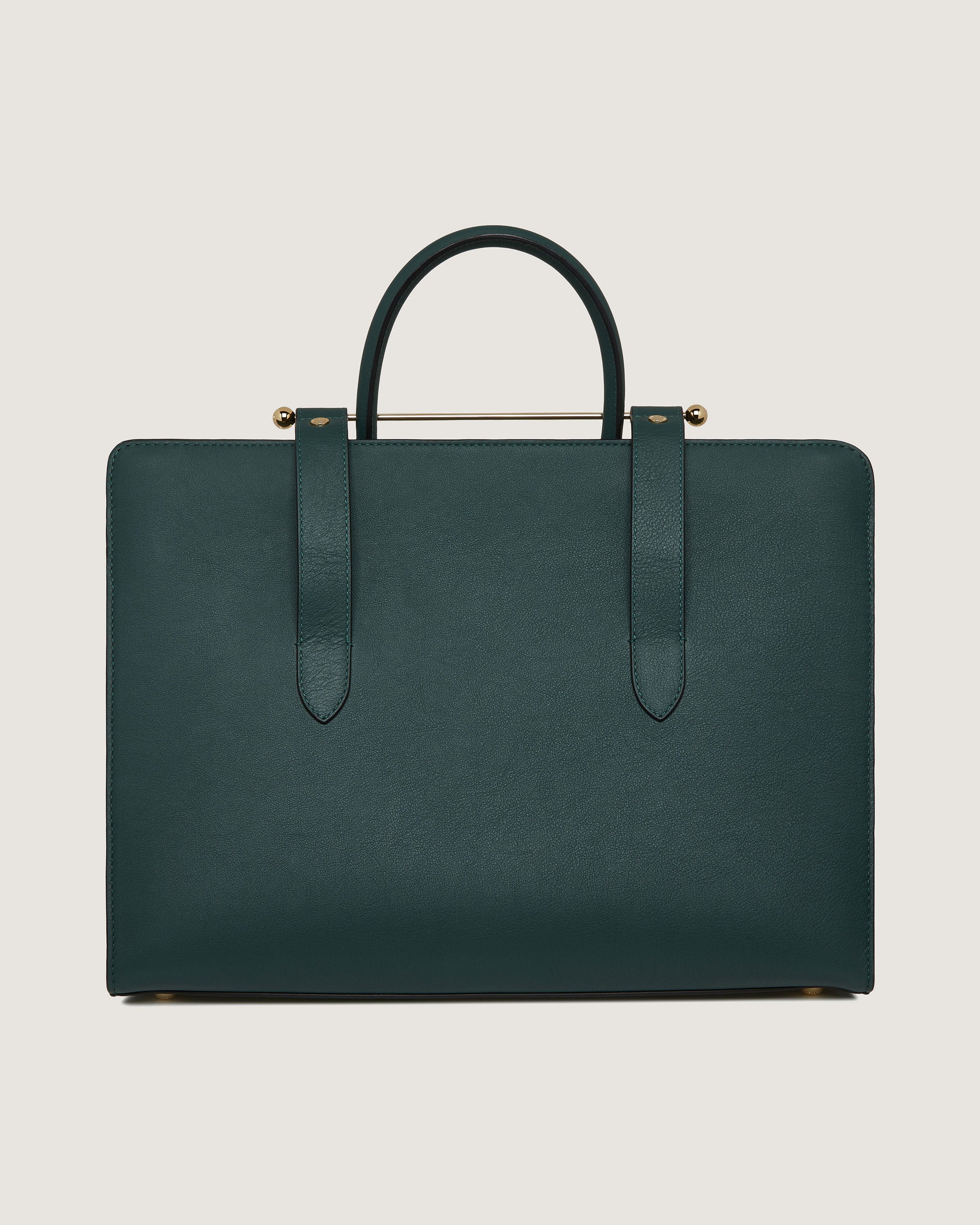 A green leather briefcase with a metal handle