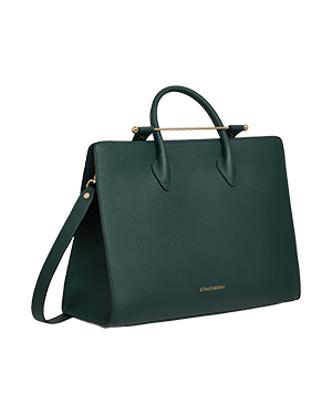 A green handbag with a gold handle