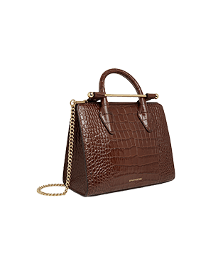 A brown handbag with a gold chain