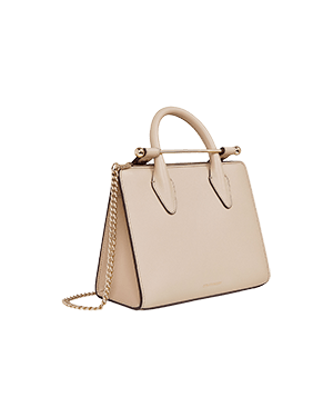 A beige handbag with a chain strap