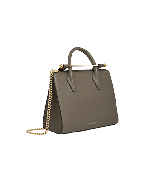 A brown handbag with a gold chain