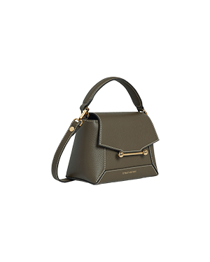 A brown handbag with a gold handle