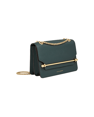 A black and gold purse with a chain strap