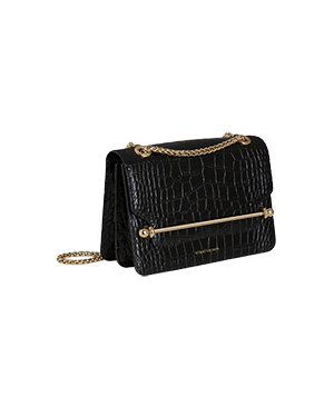 A black purse with a chain strap