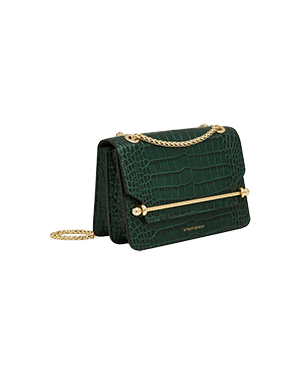 A green purse with a chain strap