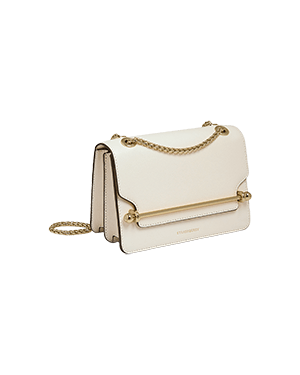 A white purse with a chain strap