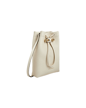 A white handbag with a gold buckle