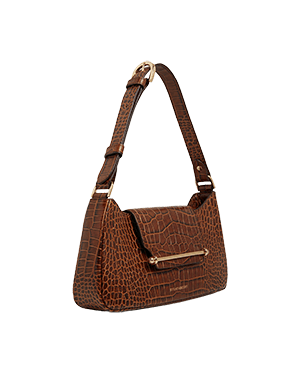 A brown handbag with a gold handle