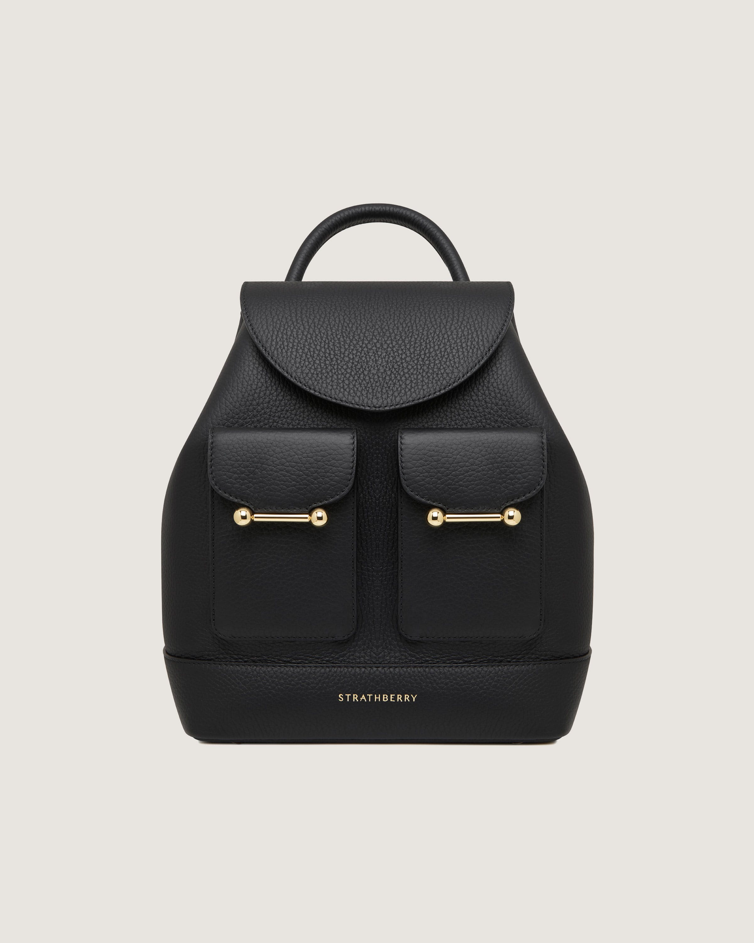 A black backpack with two compartments on the front