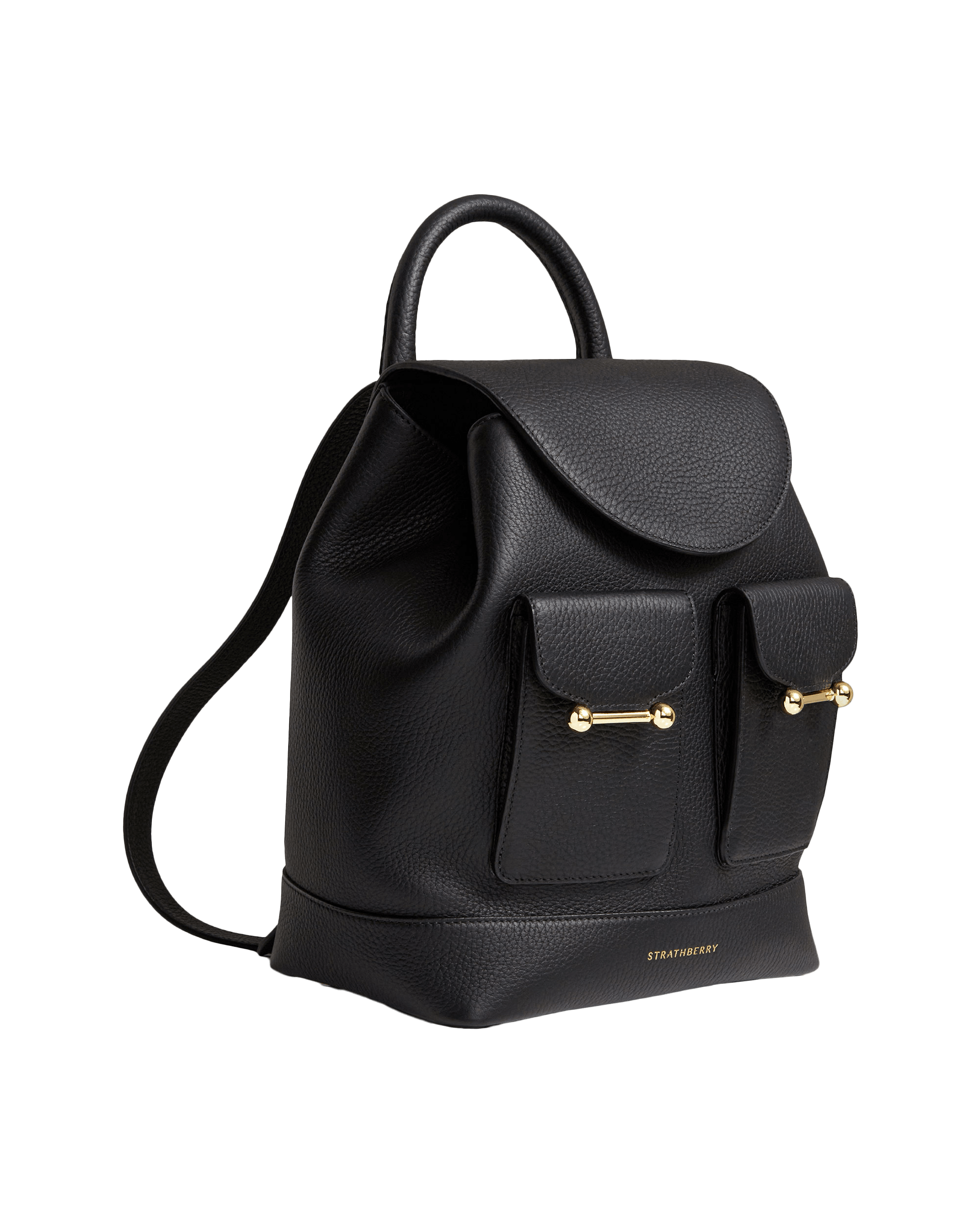 A black leather backpack with gold hardwares