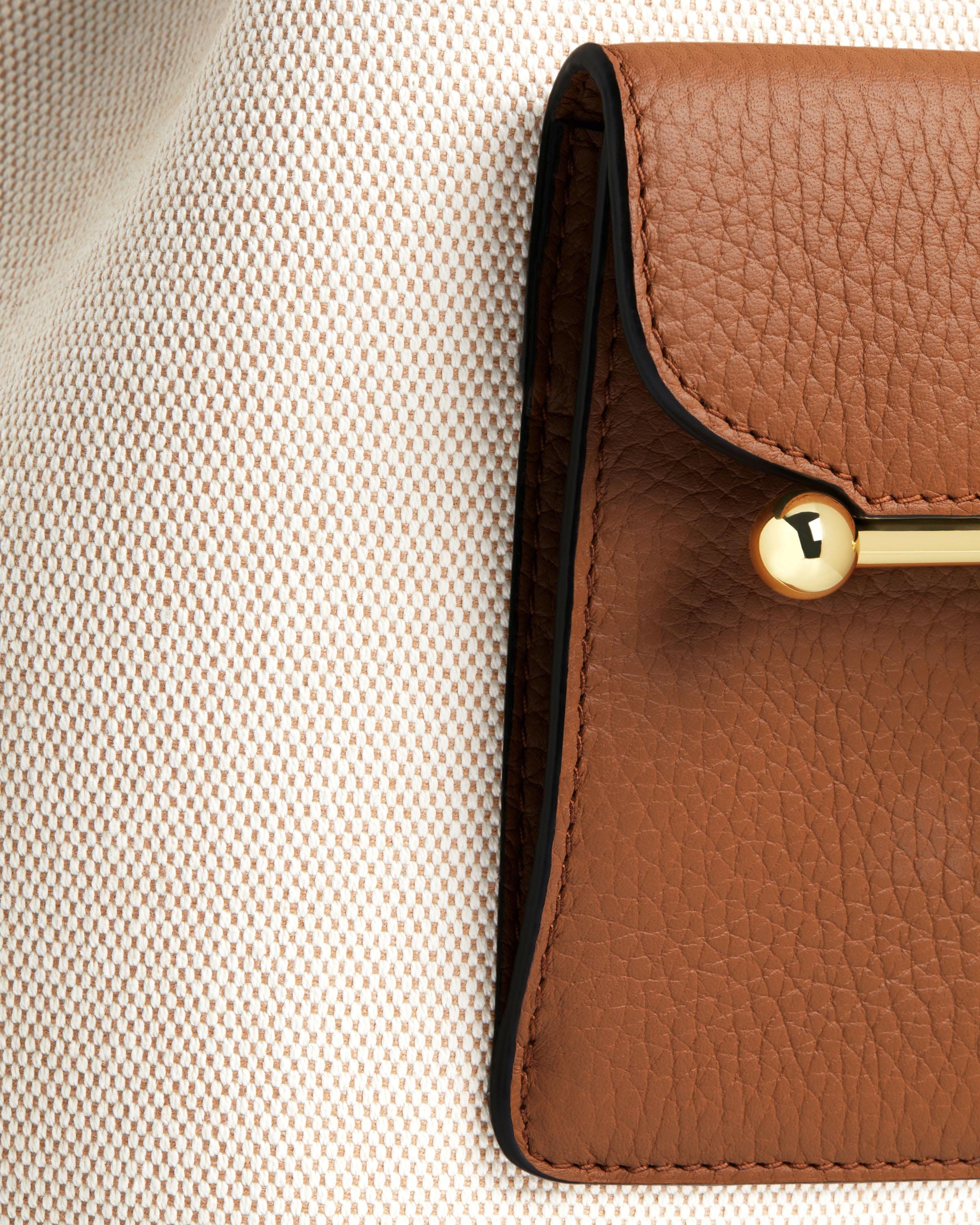 A brown leather case with a gold handle