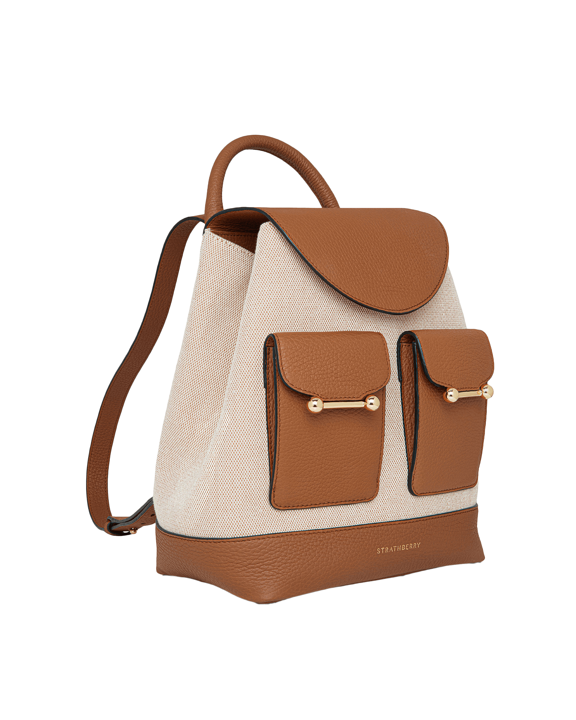 A brown and white handbag with two pockets