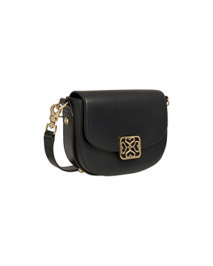 A black cross body bag with a gold buckle