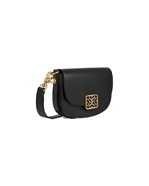 A black cross body bag with a gold chain