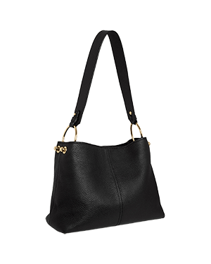 A black handbag with a gold handle