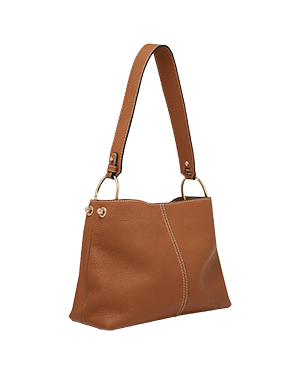 A brown leather handbag on a white background