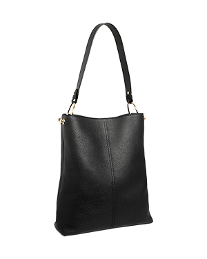 A black leather handbag on a white background