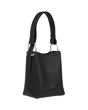 A black handbag with a gold handle