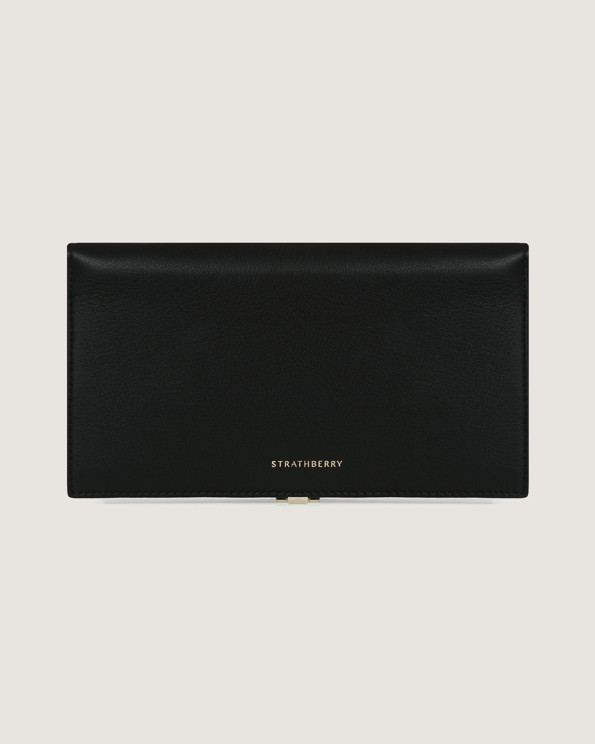 A black leather wallet on a white background