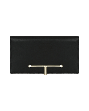 A black leather wallet with a metal bar on the front