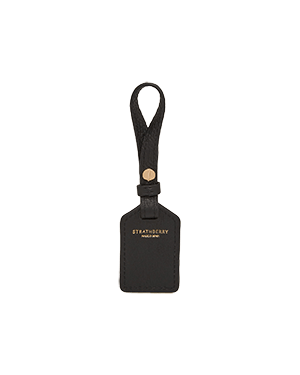 A black luggage tag with a black lanyard