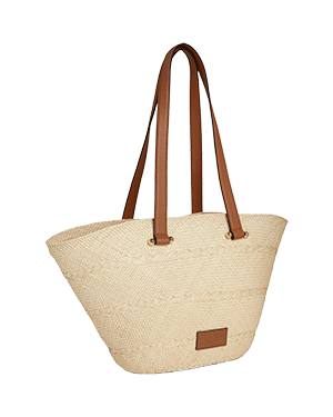 A white and brown bag with a brown handle