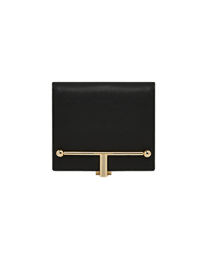 A black wallet with a gold bar on the front