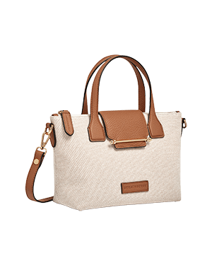 A white and tan handbag with a brown handle