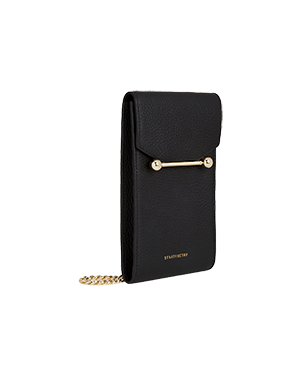 A black wallet with a gold chain hanging from it