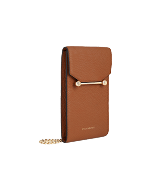 A brown wallet with a chain hanging from it