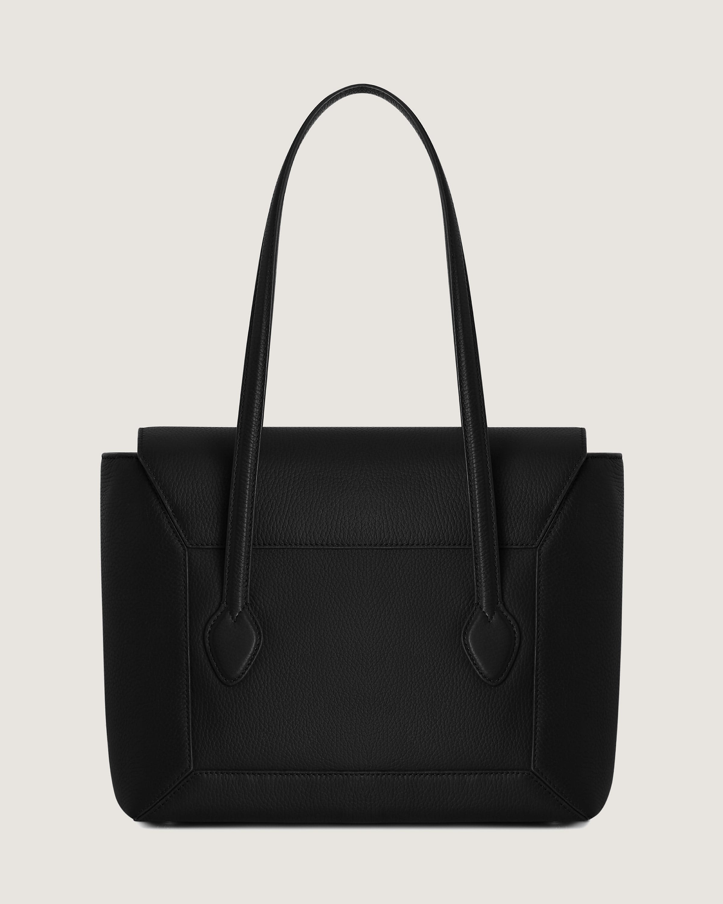 A black tote bag with a handle