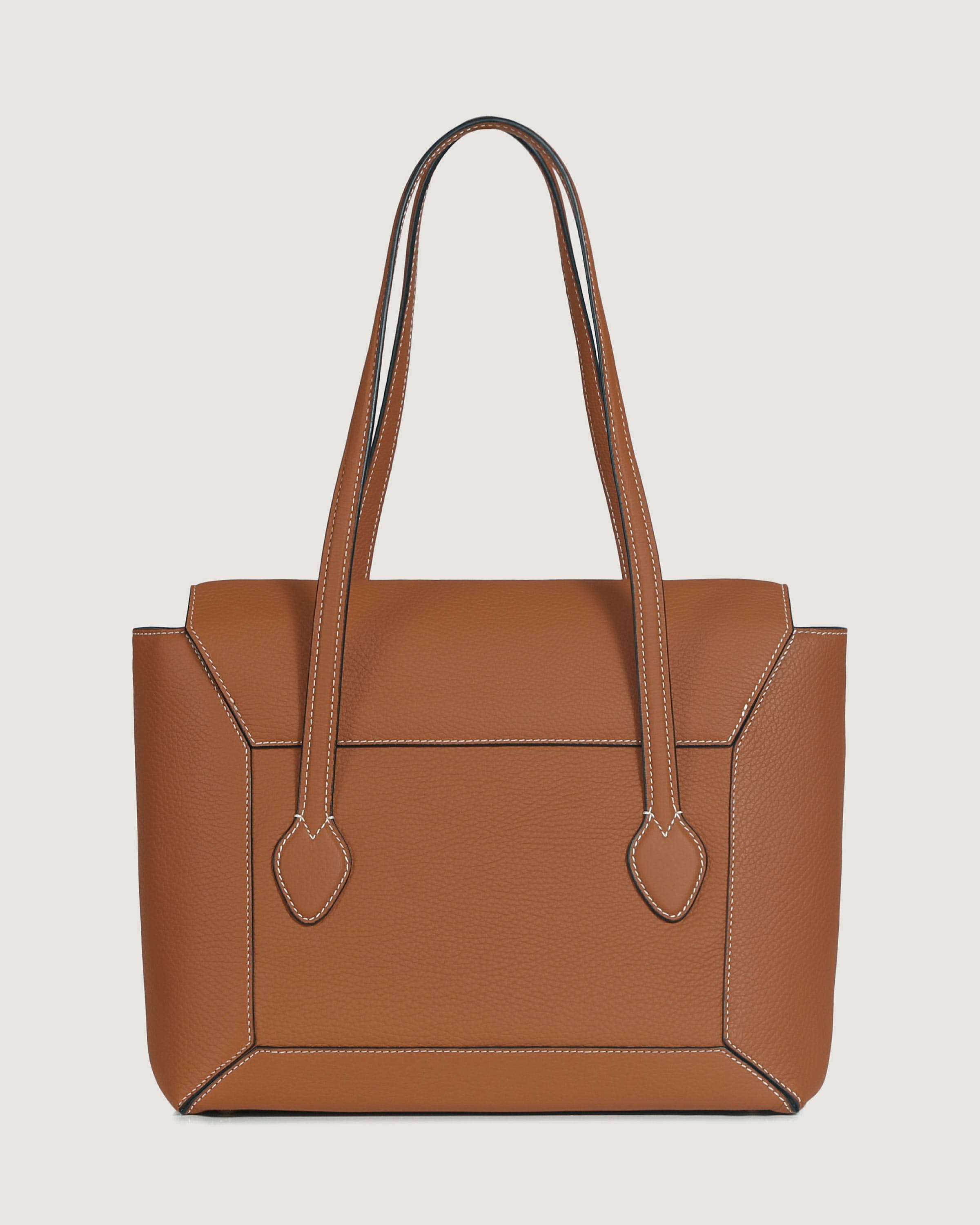 A brown leather handbag with a long handle