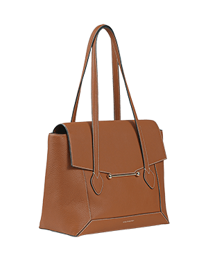 A brown handbag with a zippered closure