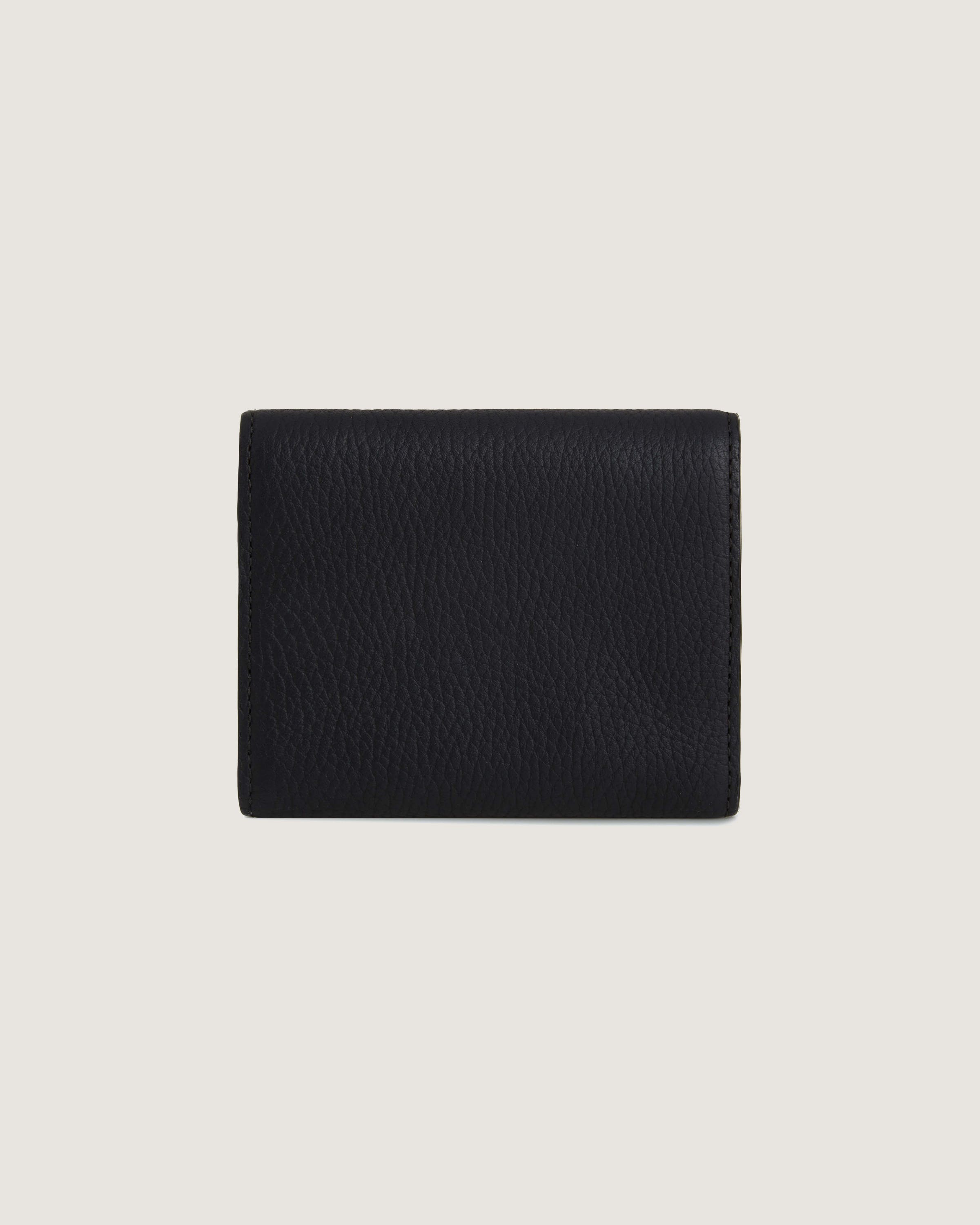 A black leather wallet on a white background