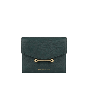 A black leather wallet with a gold clasp